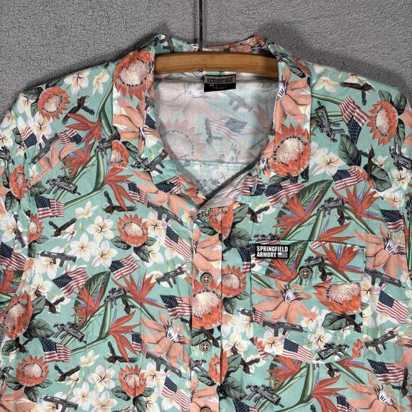 Springfield Armory Hawaiian Shirt Mens Size M Teal Gun American Flag AOP Bullpup - Picture 2 of 16